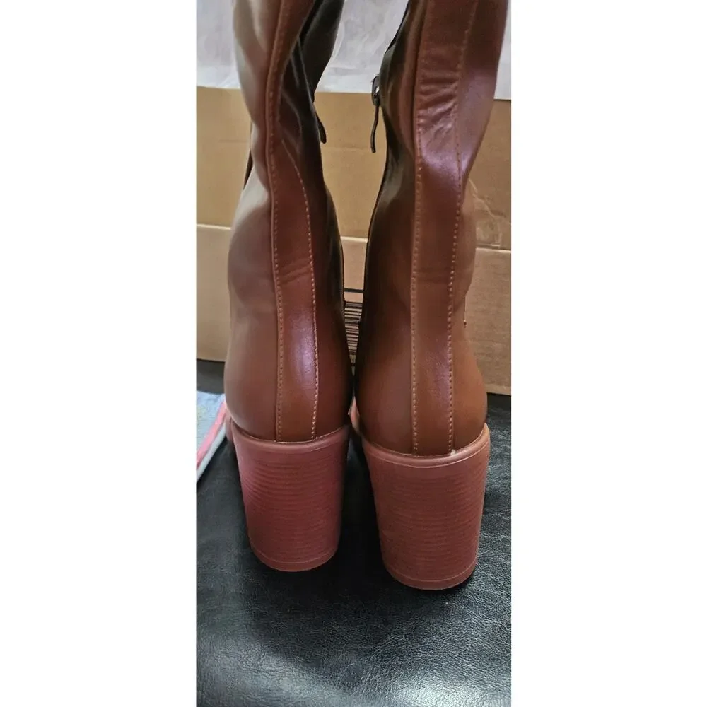 Bw. MSRP $62 NWOB UACLLCAU BROWN WIDE CALF SQUARE TOE PLATFORM BOOTS ♡SIZE 8.5♡